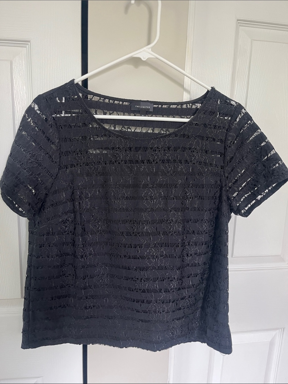 The Limited Black Lace Striped Short Sleeve Top